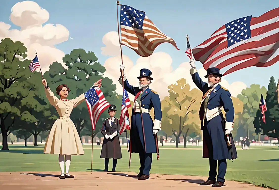 A diverse group of people waving American flags, wearing 19th-century clothing, in a park with a peaceful atmosphere..