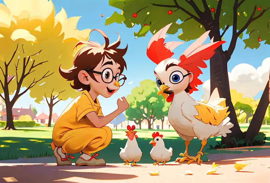 Cheerful young children in chicken costumes, wearing colorful feather headbands, in a sunny park surrounded by nature..