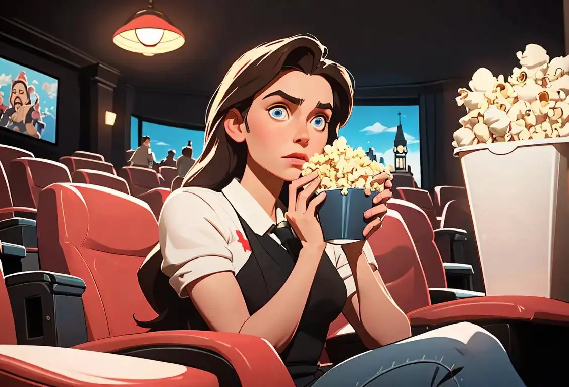 Young woman sitting in a movie theater, holding a tub of popcorn, surrounded by iconic Canadian film characters and landmarks..