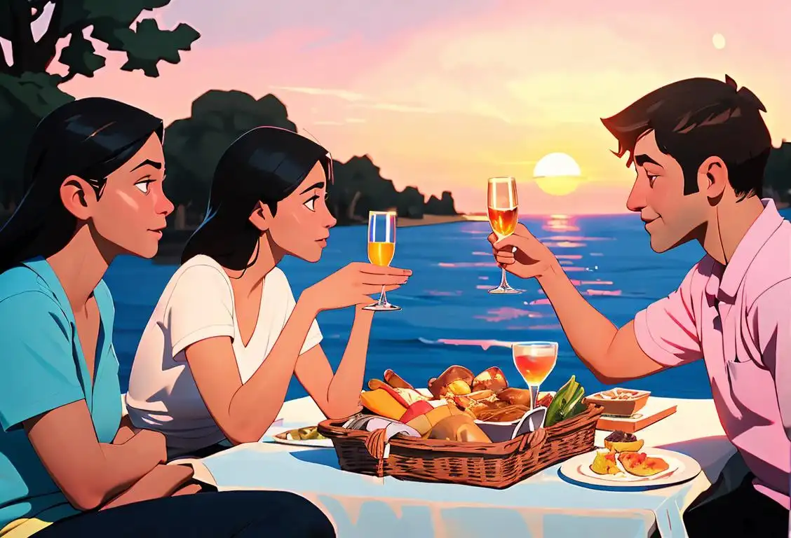 A group of friends toasting with sparkling water, wearing casual clothing, outdoor picnic setting with sunset in the background..