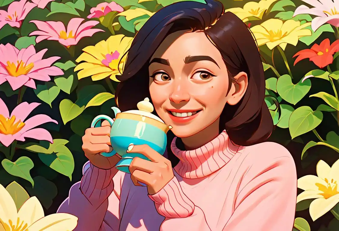 A joyful person surrounded by colorful flowers, wearing a cozy sweater, enjoying a hot cup of tea with a smile..