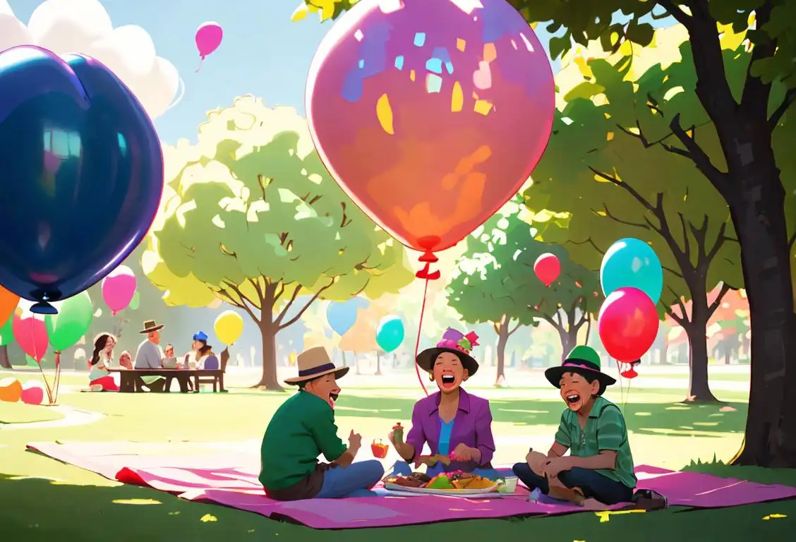 A group of people of different ages and ethnicities laughing and wearing colorful party hats, in a park with a picnic setup, surrounded by balloons..