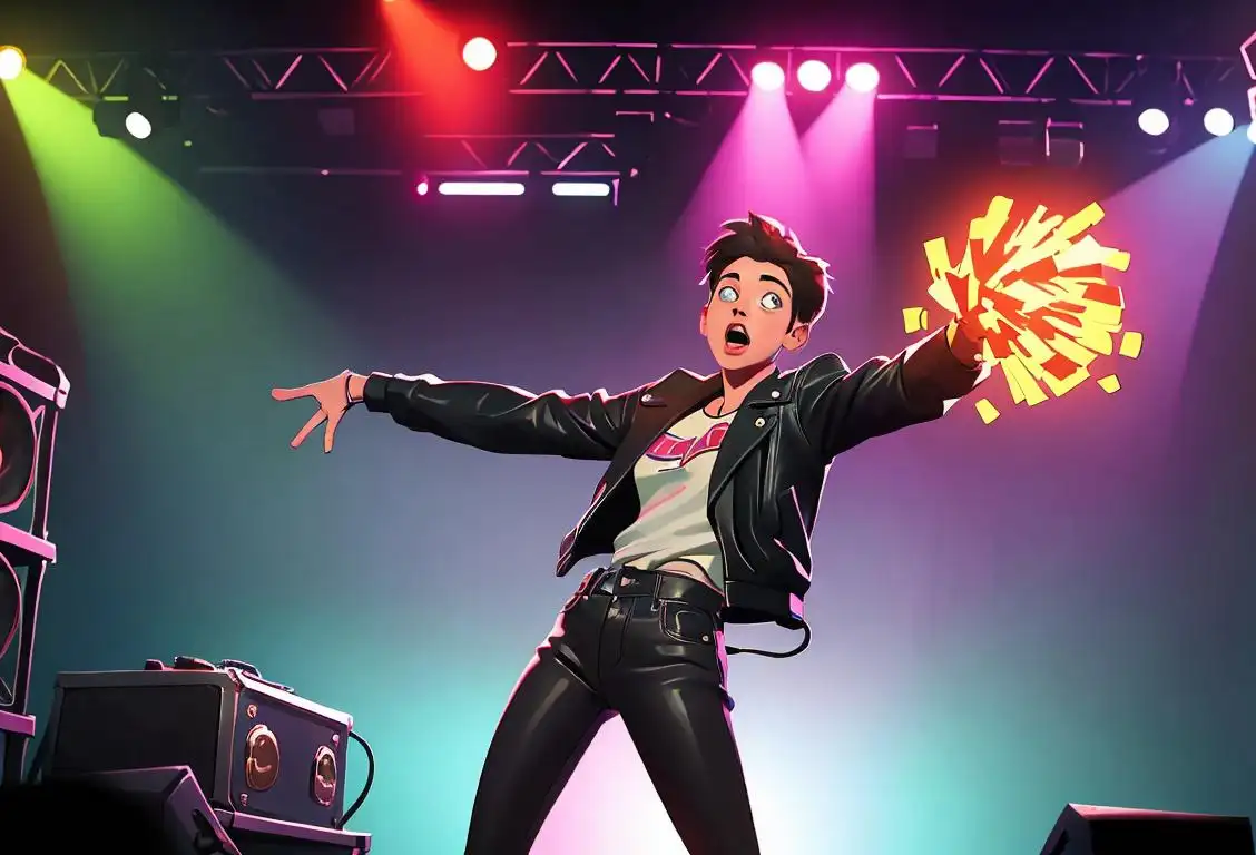 Person wearing a leather jacket, playing air guitar on a colorful stage, surrounded by cheering audience..