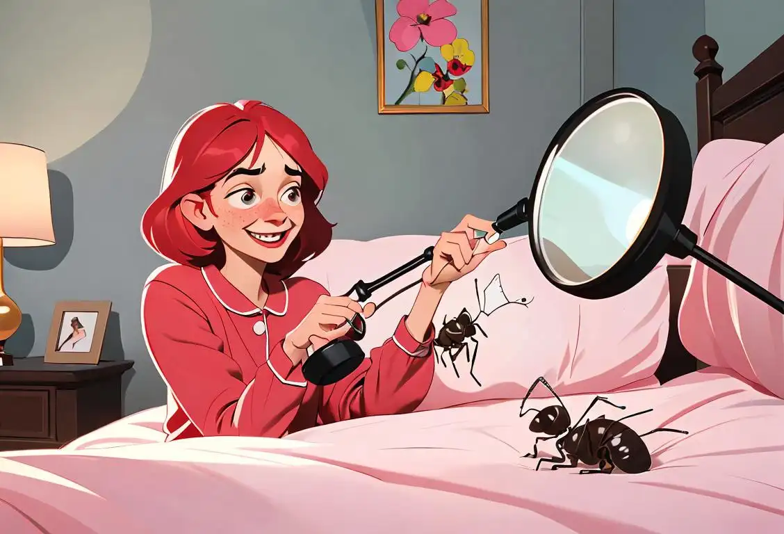 Bright and cheerful bedroom scene with a magnifying glass, signifying National Bedbug Day. Spreading laughter, not bugs, with comfy pajamas and cozy blankets..