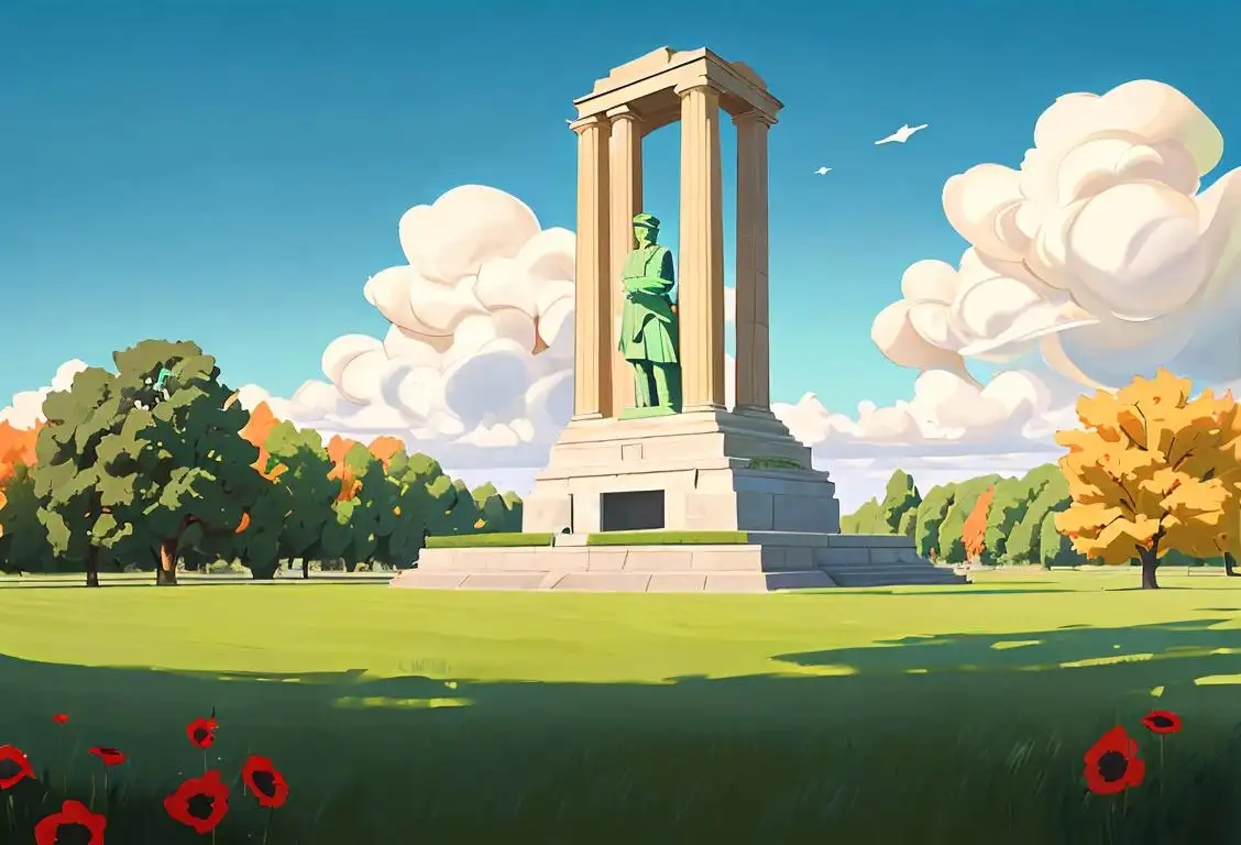 A solemn monument erected in honor of National War Heroes Remembrance Day, surrounded by an expansive landscape of green fields and bright blue skies..