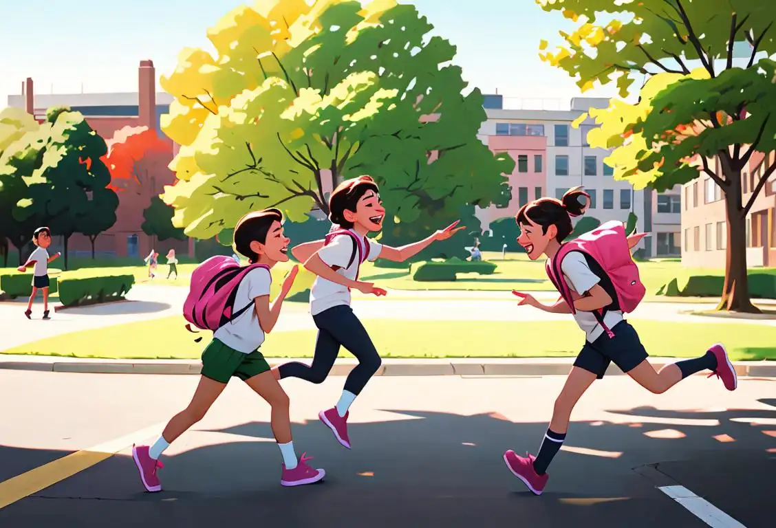 Young students gleefully skipping through a vibrant park, wearing backpacks, casual clothing, with a school building in the background..