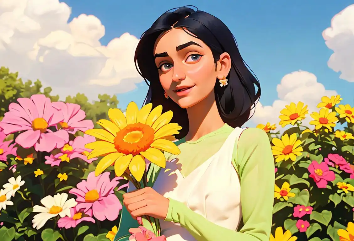 Cheerful person named nikohl holding a bouquet of flowers, wearing a sundress, surrounded by a colorful garden and sunny sky..