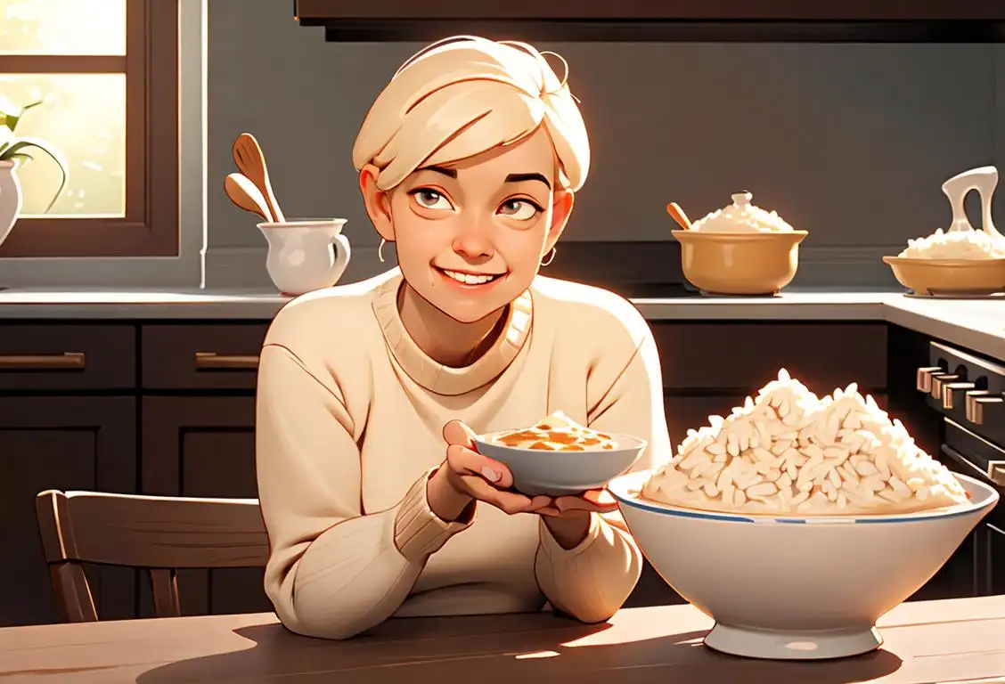 A smiling person holding a bowl of rice pudding, wearing a cozy sweater, in a warm and inviting kitchen..
