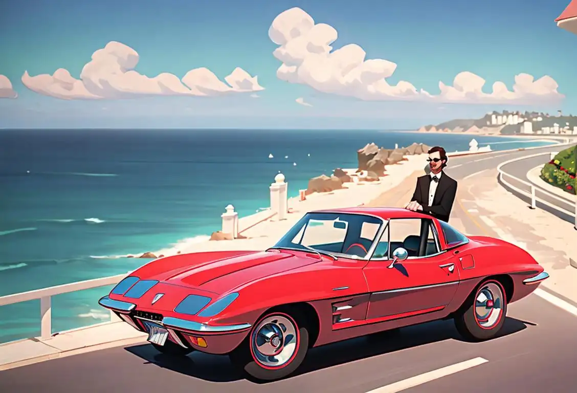 Sleek red Corvette parked on a sunny coastal road, with a stylish, retro-dressed couple standing nearby, enjoying the ocean breeze..