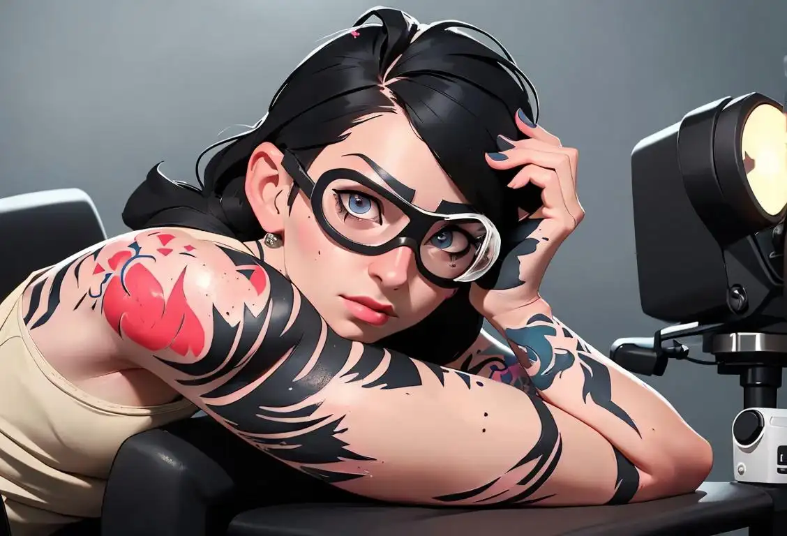 Young person with laser goggles, sitting in a clean and modern tattoo removal clinic, ready for National Tattoo Removal Day..