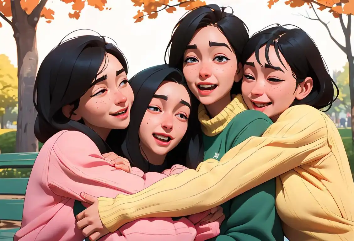 Group of diverse individuals engaged in a heartwarming group hug, with cozy sweaters, urban park setting, expressing the joy of National Hugging Day..