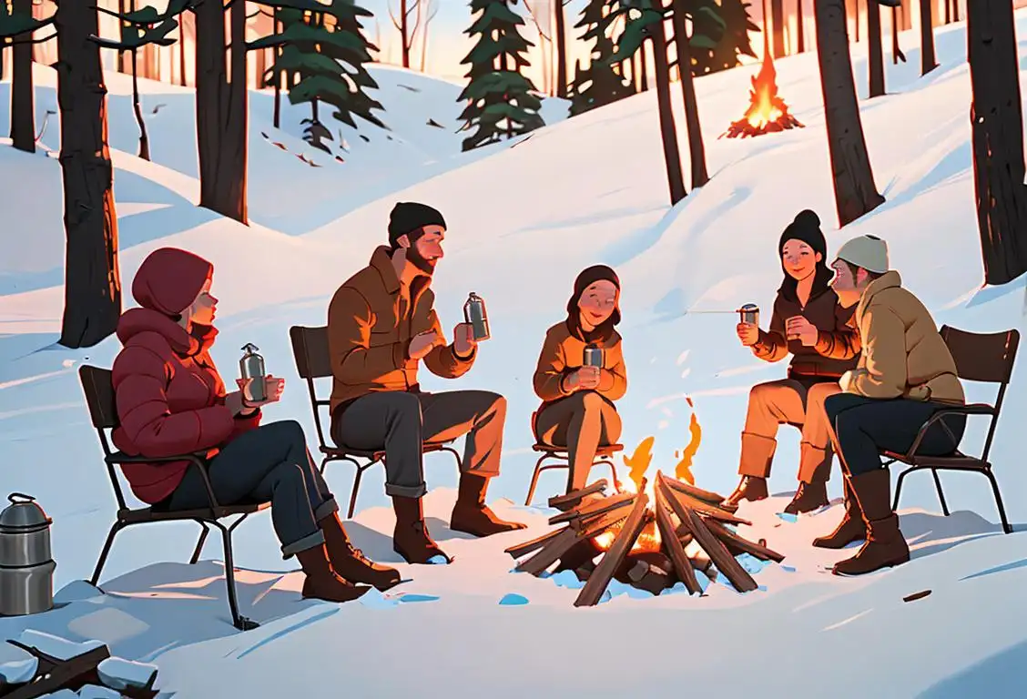 A group of friends gathered around a campfire, sipping hot drinks from their favorite Thermos bottles, enjoying the warmth of the fire and the beauty of nature..