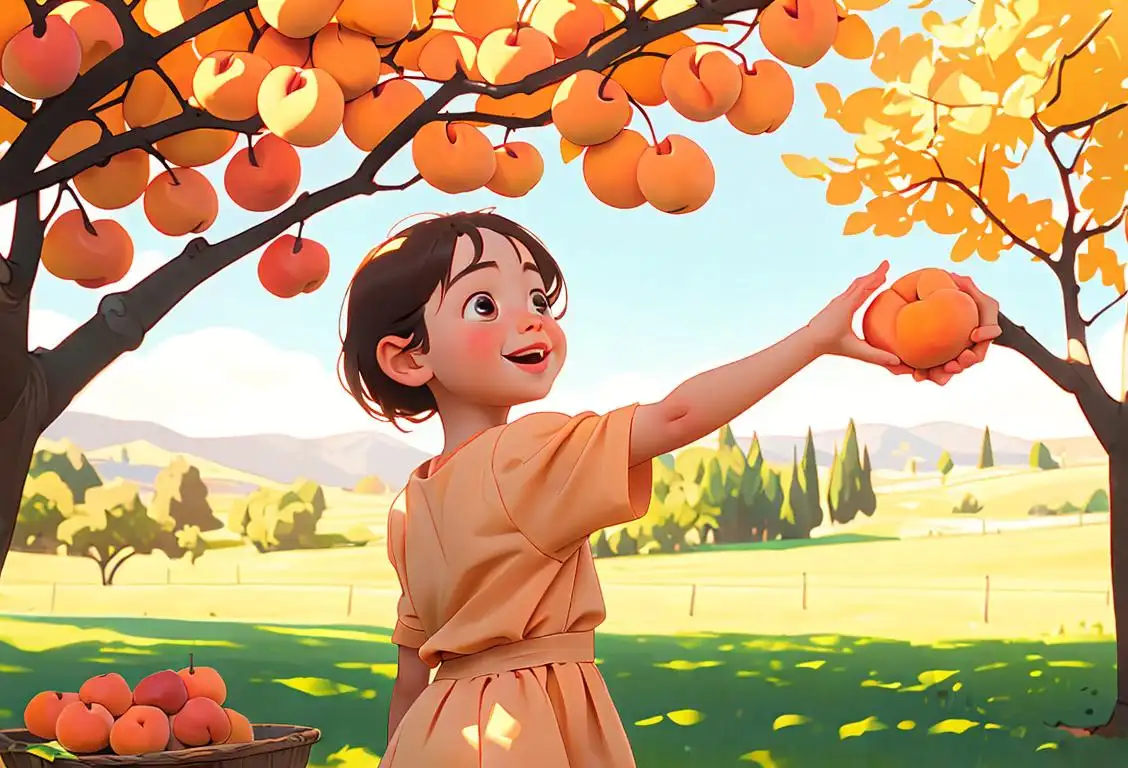 A cheerful child reaching up to pluck a ripe apricot from a tree, surrounded by a sunny orchard with rolling hills in the background..