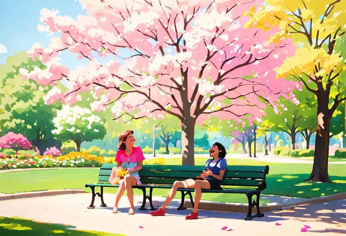 Two friends laughing together on a sunny park bench, both wearing colorful summer outfits, surrounded by flowers and trees..