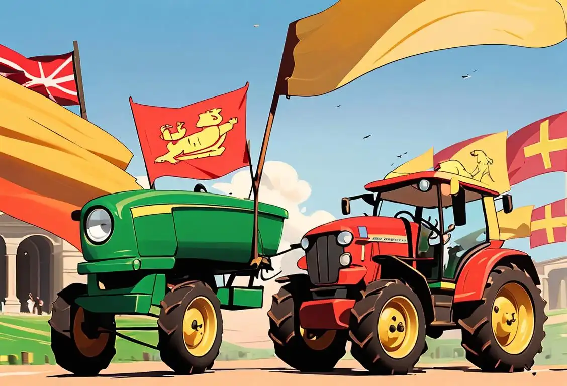 A group of smiling farmers driving colorful tractors through the bustling streets of the national capital, adorned with hats and waving flags..