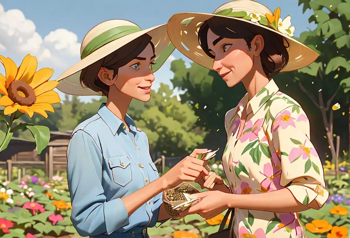 Two gardeners exchanging packets of seeds, wearing sun hats and floral-patterned shirts, surrounded by blooming flowers in a community garden..