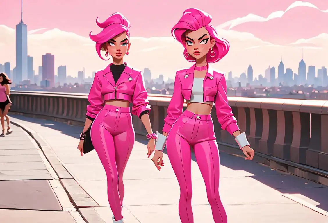 Young women walking confidently with sassy attitudes, wearing fashionable pink outfits, against a vibrant cityscape backdrop..