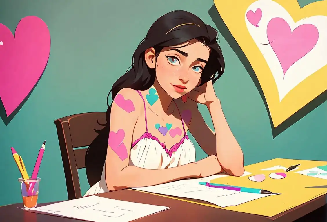 Young woman sitting at a table covered in love-themed decorations, wearing a cute sundress, surrounded by love poems and colorful pens..