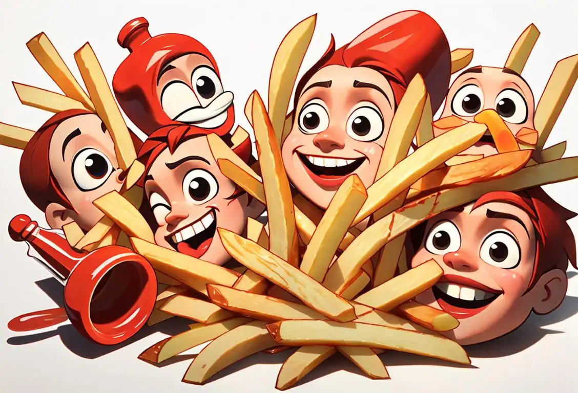 A joy-filled collage of various styles of french fries, with ketchup bottles and happy faces in the background..