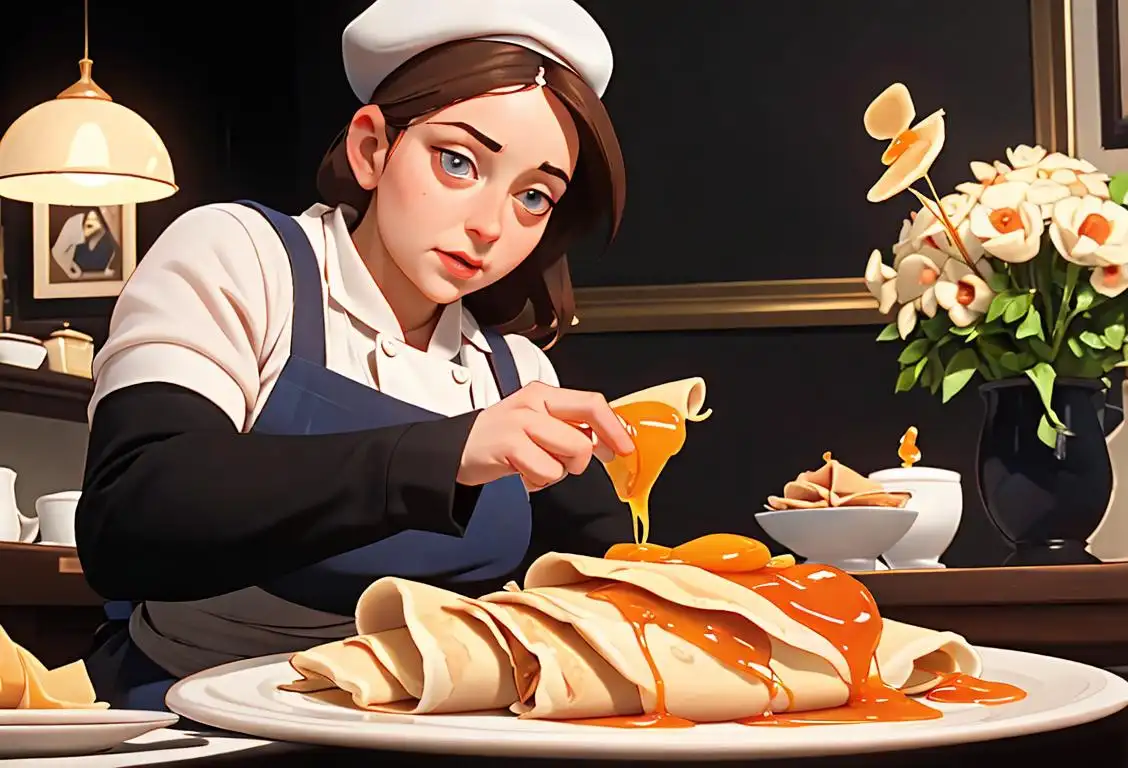 Person flipping a crepe in a bustling French cafe, wearing a chef's apron and a traditional beret..