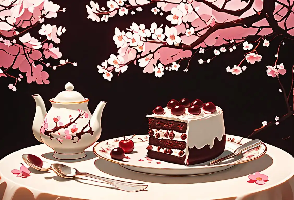 A delightful slice of black forest cake on a vintage floral plate, surrounded by cherry blossoms and a charming tea set..
