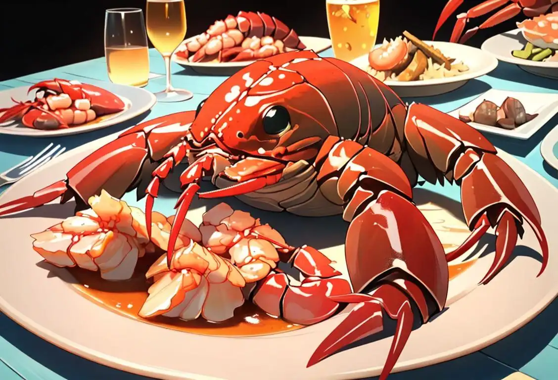 Close-up of a steaming lobster on a plate, surrounded by beach-themed decor and people enjoying a seafood feast..