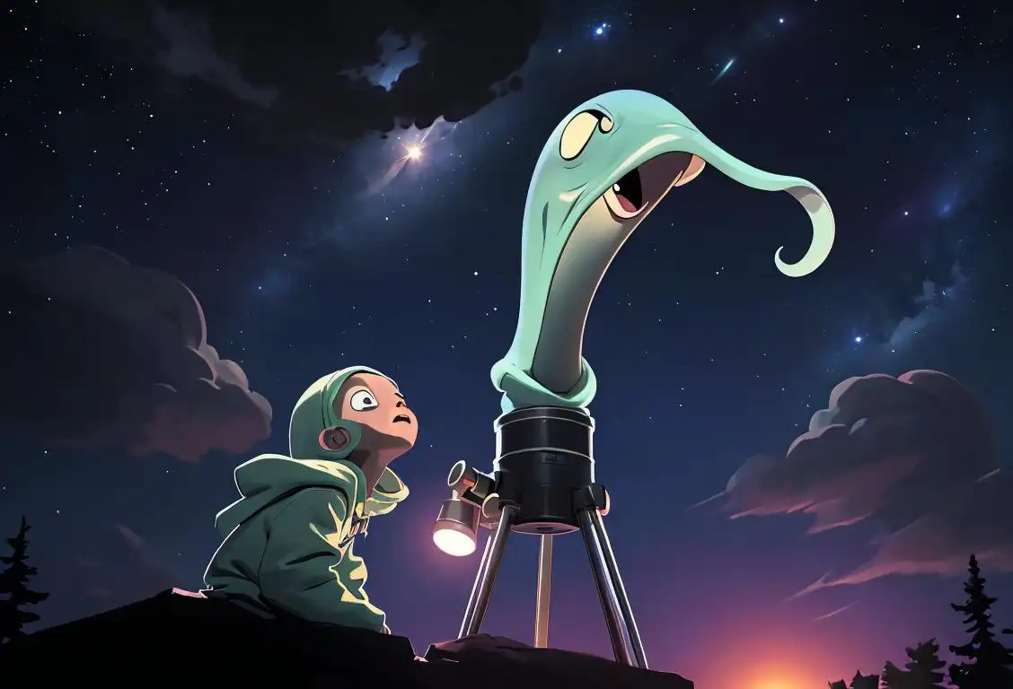 Illustration of a person looking up at a star-filled sky, wearing a tin foil hat, questioning the existence of extraterrestrial life. Expand: Nighttime, telescope, backyard setting..