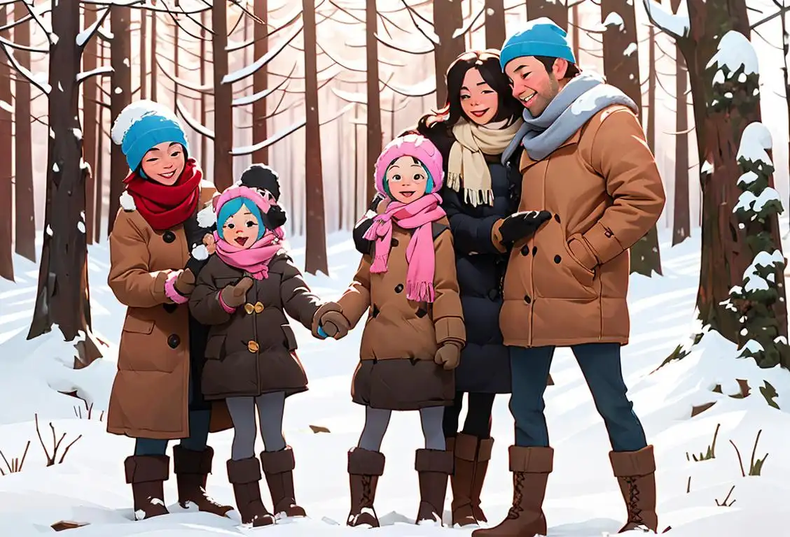 Bundle up! Happy National Play Outside Day. A family of four exploring a snowy forest, wearing cozy hats, scarves, mittens, and winter boots..