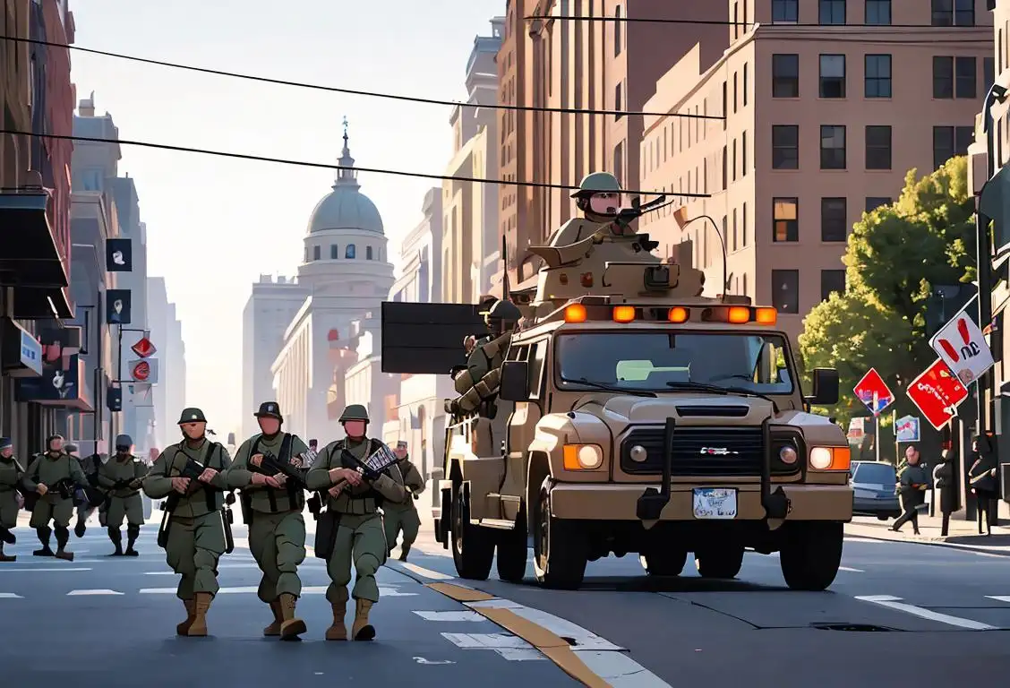 A unique image of National Guard troops patrolling the streets of Philadelphia on Election Day, ensuring safety and security of the city amidst a bustling urban backdrop..