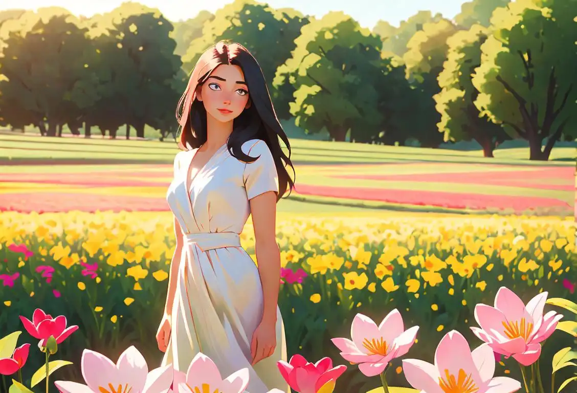 Young woman with flowing, shiny hair standing in a field of flowers, radiating confidence and natural beauty..