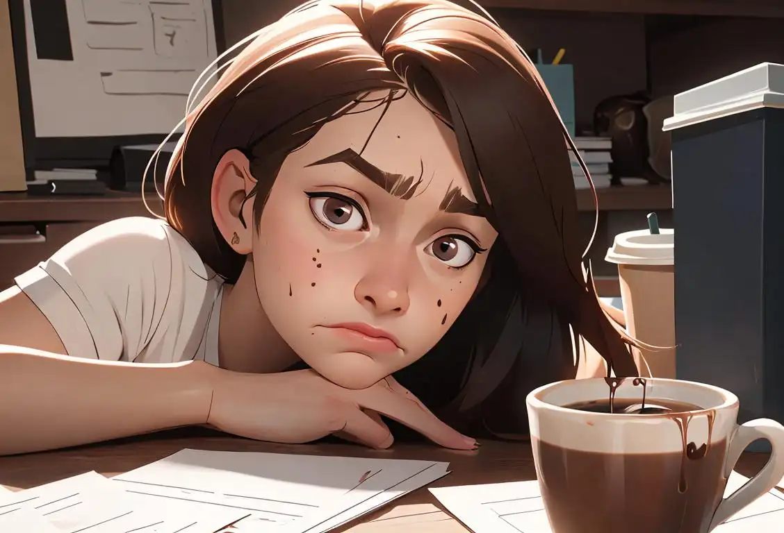 Young woman with disheveled hair, spilled coffee on her shirt, and a frown on her face, surrounded by a cluttered desk and unfinished tasks..