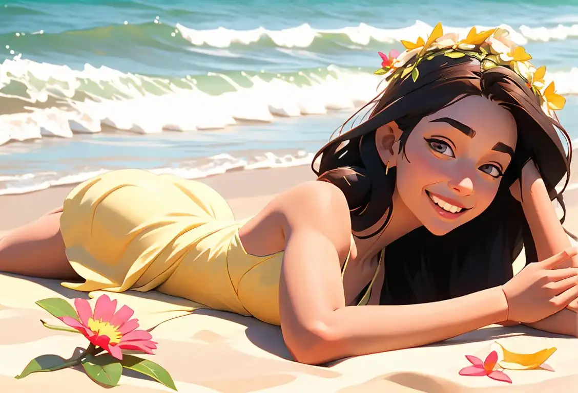 Young woman smiling playfully, wearing a flower crown and a sundress, enjoying a sunny day at the beach..