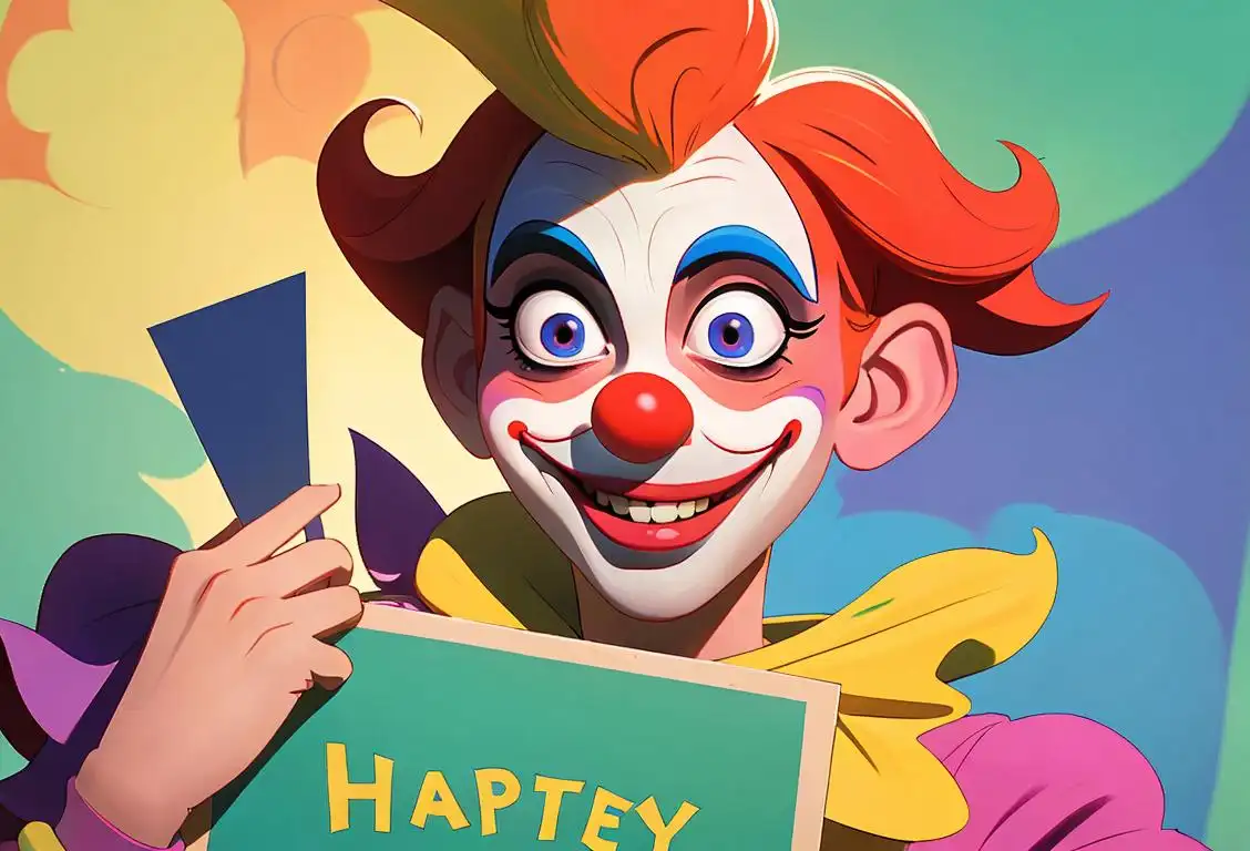 A mischievous young person wearing a clown nose, holding a sign that says 'Happy National Troll Day!' amidst a colorful backdrop of online memes and pranks..