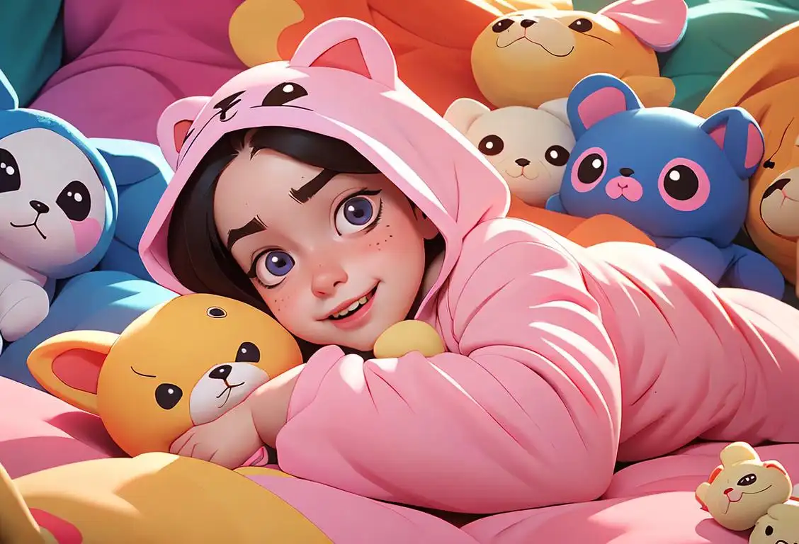 Happy person wearing kigurumi pajamas, surrounded by stuffed animals, in a colorful bedroom with posters of cute animals..