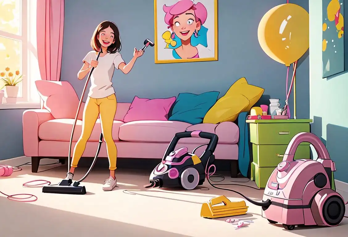 Happy person wearing clean, bright clothes, vacuuming with enthusiasm in a sparkling, organized room..