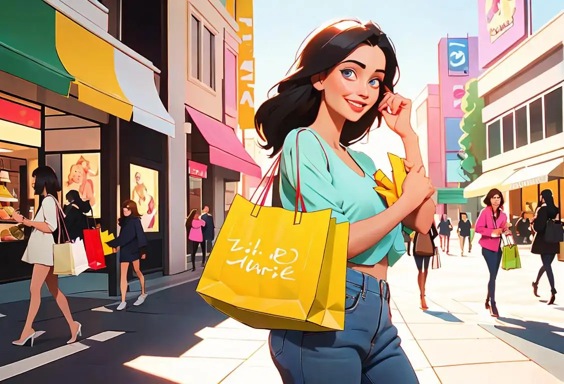A happy customer holding a shopping bag, wearing fashionable clothes, with a vibrant shopping mall in the background..