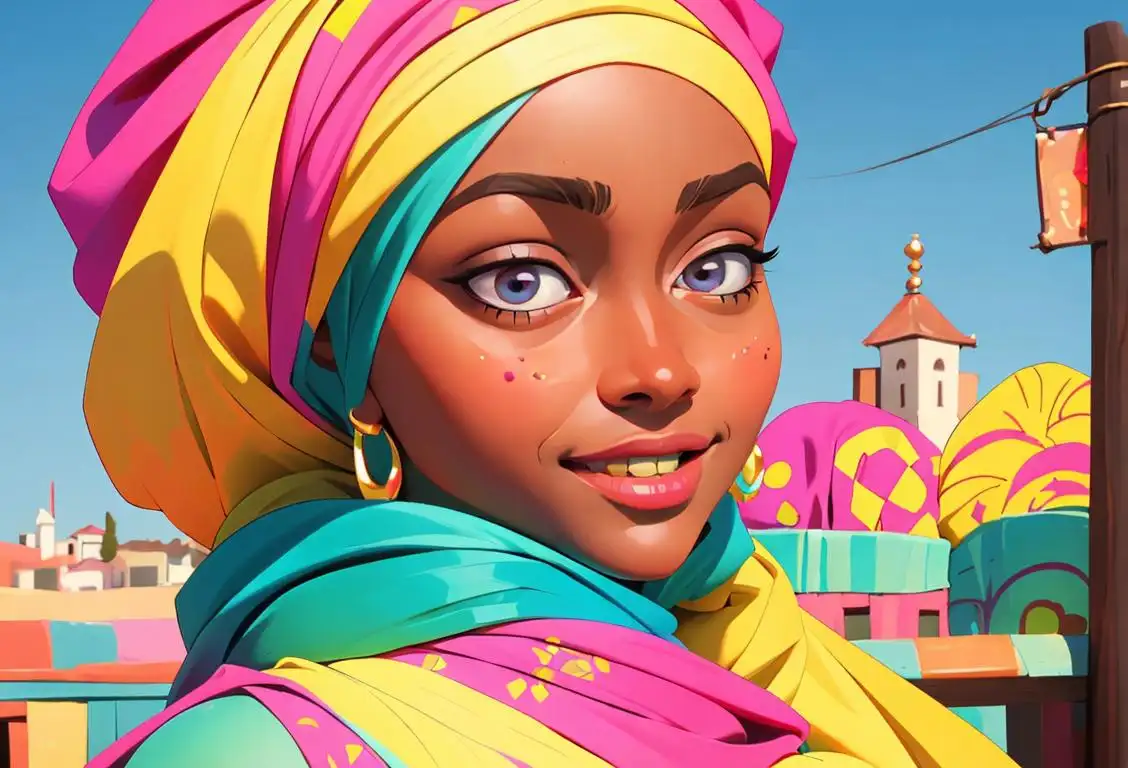 Cheerful woman wearing a vibrant head wrap, embracing cultural diversity with colorful patterns and a scenic city backdrop..
