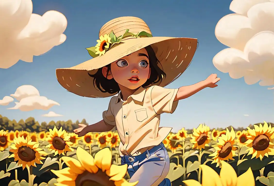 Young child running through a sunflower field, wearing a wide-brimmed hat, summer floral fashion, countryside setting..