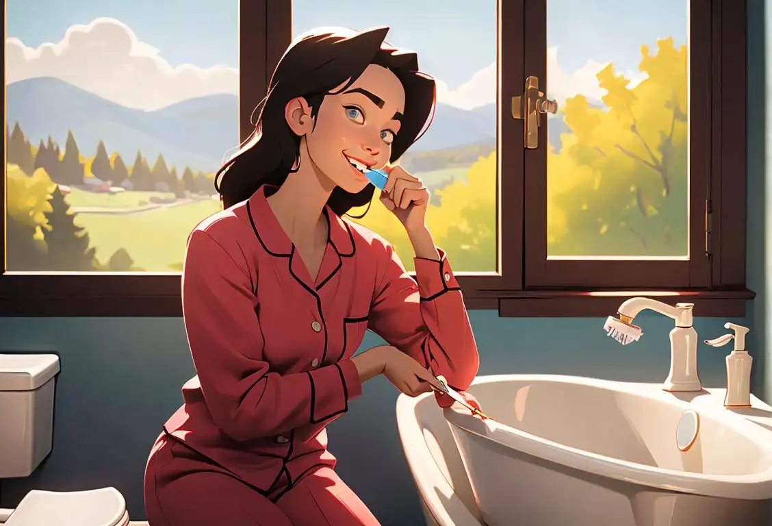 A person happily brushing their teeth, wearing pajamas, in a cozy bathroom with a scenic view of nature..