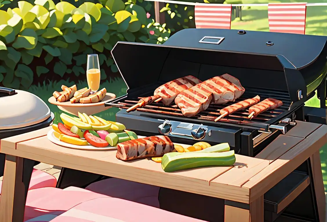 Family gathering around a BBQ grill in a lush backyard, wearing summer clothing, picnic style setting..