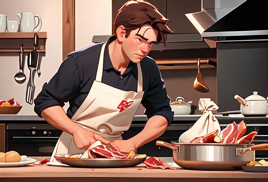 Young adult cooking bacon in a rustic kitchen, wearing an apron and a chef's hat, surrounded by sizzling pans and tasty ingredients..
