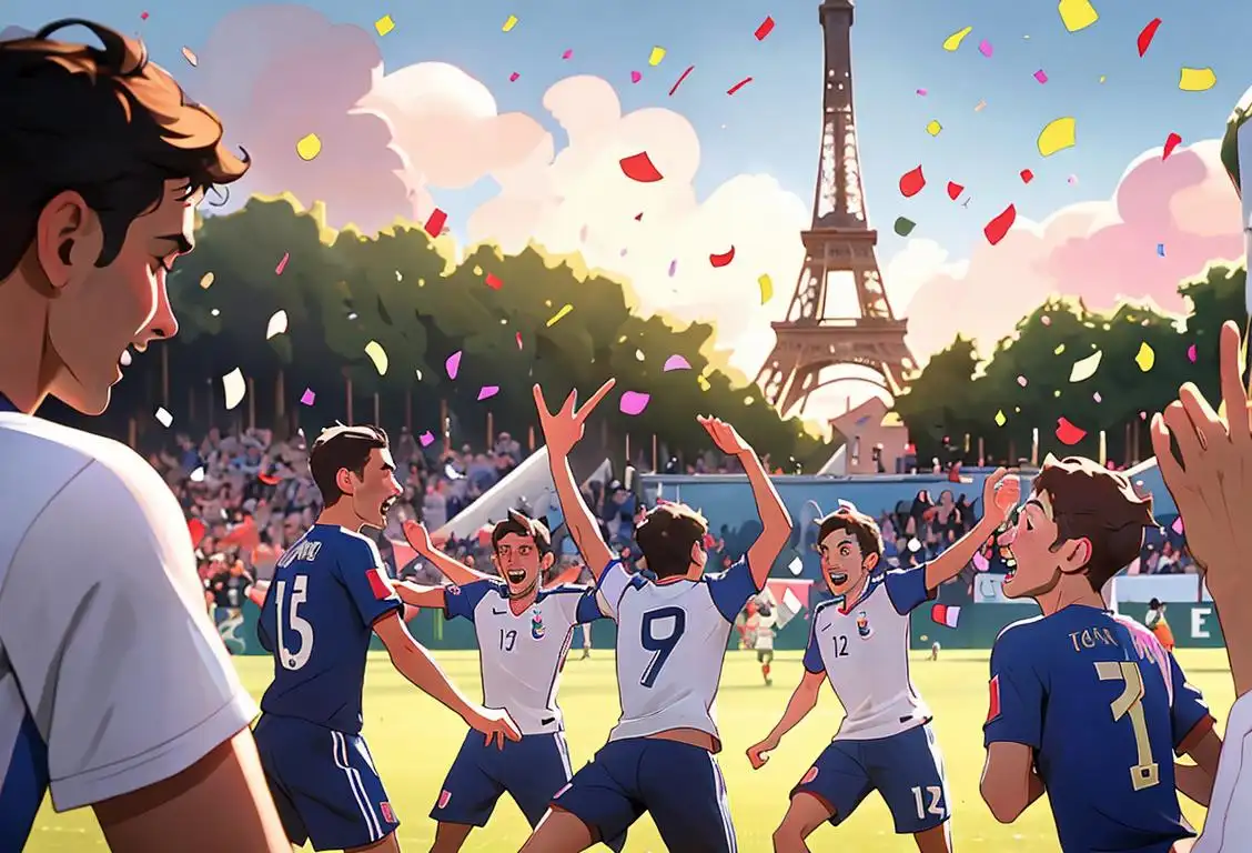 Joyful soccer players in the team's jerseys, celebrating their return with confetti and a lively crowd, French cityscape in the background..