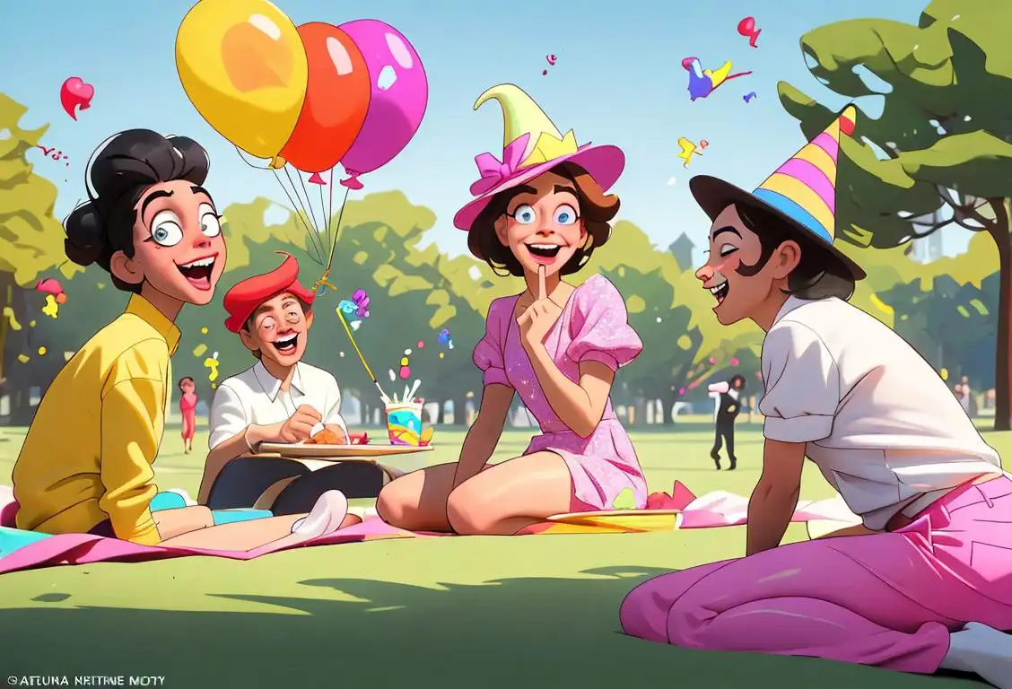 A quirky internet meme with a wholesome twist. A group of people making a playful reference to 'National Cocaine Day' with a mock celebration. They are wearing colorful party hats, bright and vibrant clothing, and have big smiles on their faces. The scene is set in a park with a picnic blanket, balloons, and confetti. Let your imagination go wild to create a fun and safe depiction of this unusual national day!.