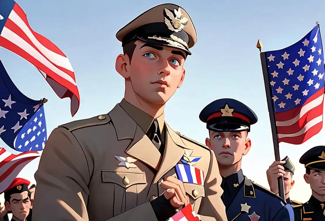 Young man in military uniform, waving an American flag, surrounded by diverse group of people outside a polling station..