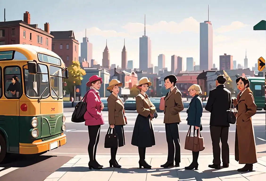 A diverse group of people standing together at a bus stop, wearing fashionable clothing from different eras, cityscape in the background..