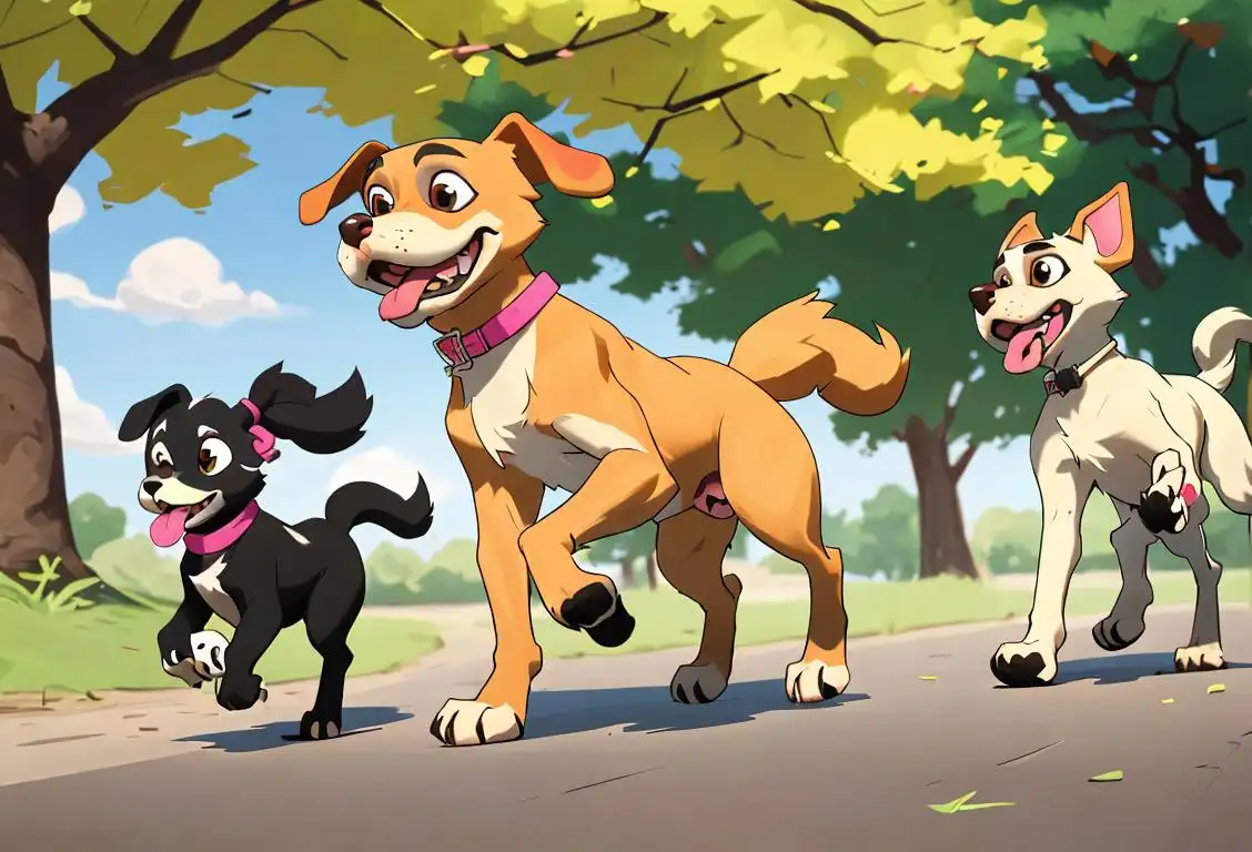 A diverse group of adorable mixed-breed dogs playfully running through a colorful park, with people wearing casual clothing, diverse hairstyles, and surrounded by vibrant nature..