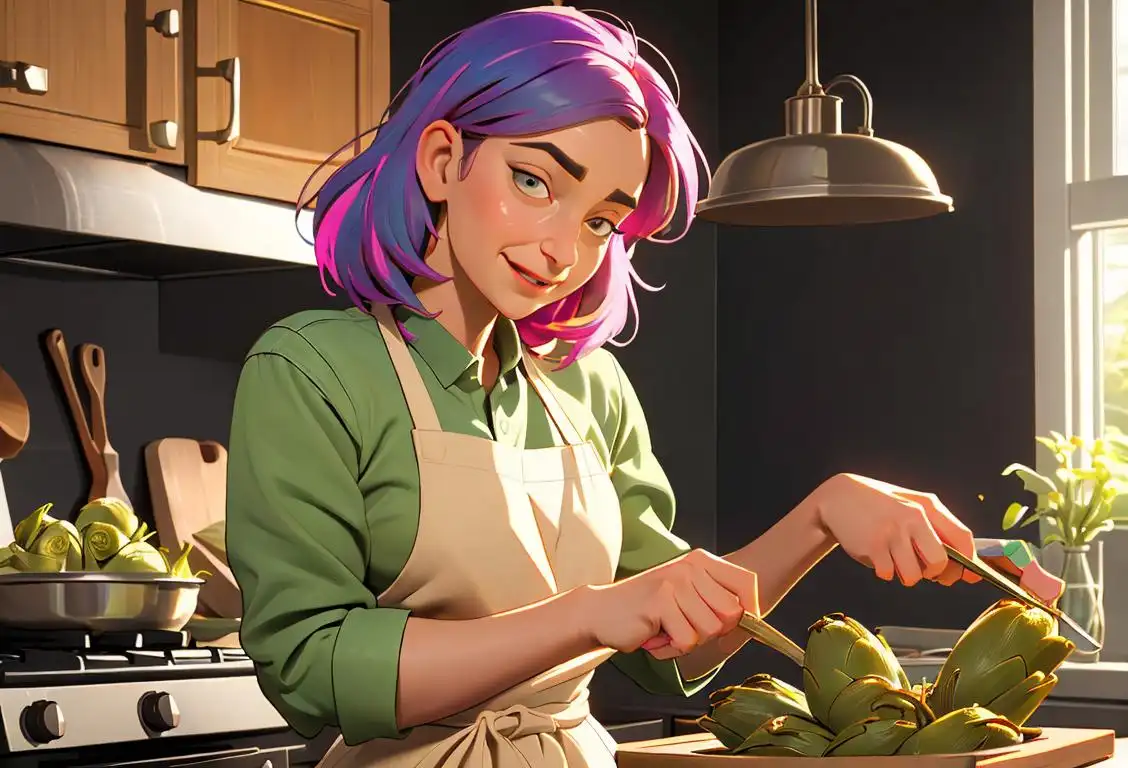Young woman joyfully preparing and seasoning artichokes while wearing a colorful apron in a cozy kitchen..