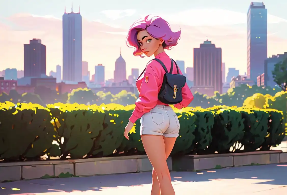 Young woman walking backwards in a park, wearing a colorful outfit, retro 80s fashion, with a city skyline in the background..