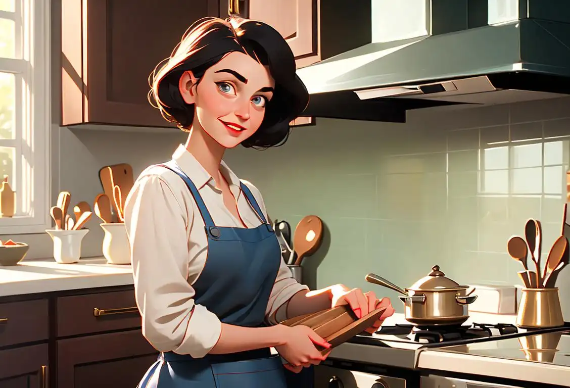 Young woman happily organizing a tidy, cozy home, wearing an apron, vintage fashion, bright kitchen setting..