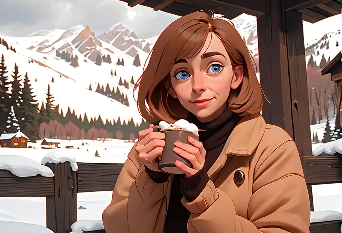 Young woman named Gail enjoying cozy day, sipping hot cocoa, wearing comfy sweater in a rustic cabin surrounded by snowy mountains..